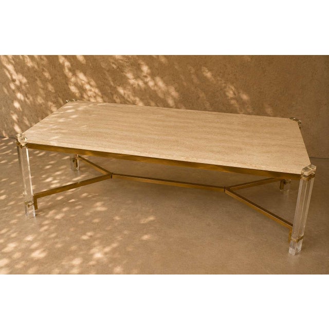 Dining Table in Travertine, Gold-Tone Metal and Acrylic Glass, 1970s For Sale - Image 10 of 18