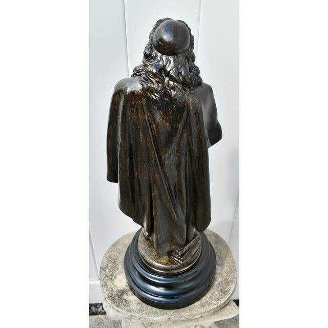 Antique Spelter Figure of European Renaissance Scholar on Wooden Base For Sale - Image 9 of 13