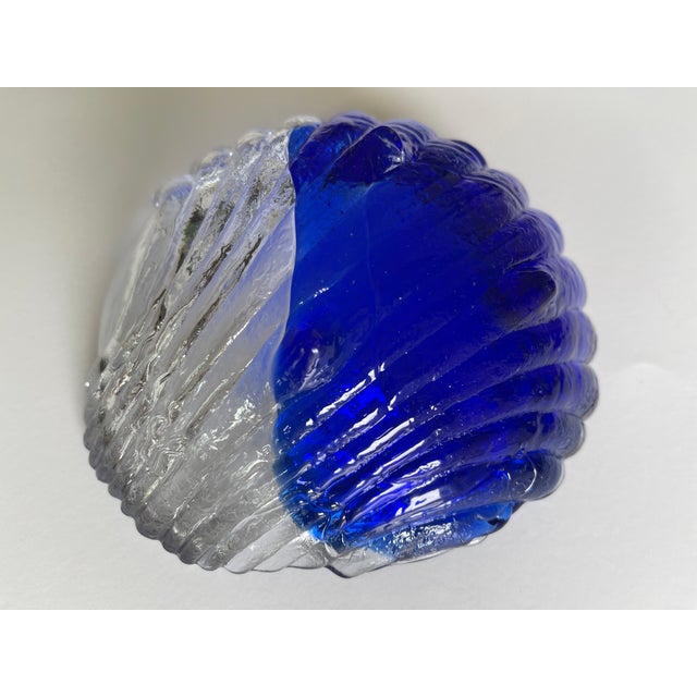 Glass 1980's Cobalt Blue and Transparent Textured Art Glass Seashell Bowl For Sale - Image 7 of 7