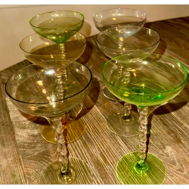 1950s Twisted Stem Multicolor Coupe Glasses- Set of 6 For Sale - Image 4 of 9
