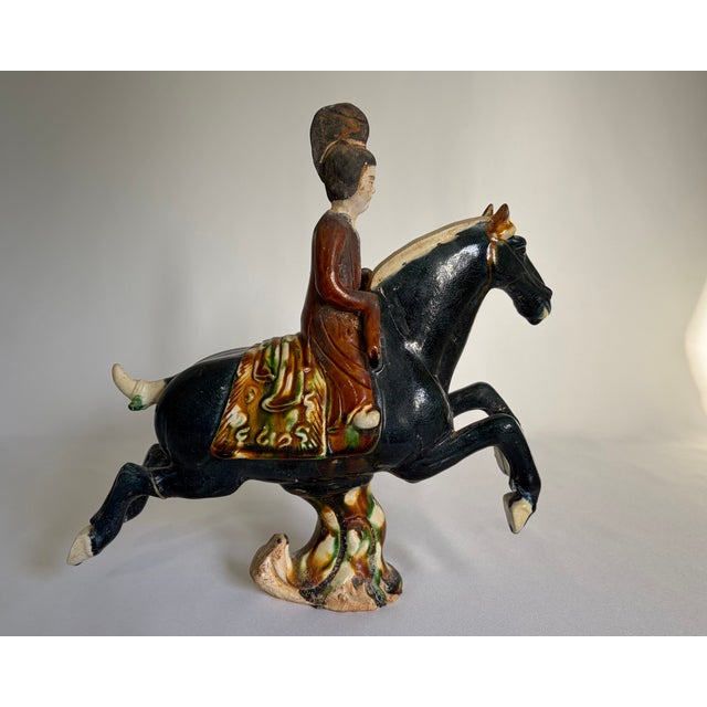 Ceramic Chinese Tang-Style Sancai Glazed Horse and Rider Figurines - Pair For Sale - Image 7 of 10