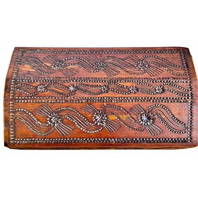 This 19th-century folk art chest exemplifies traditional chip-carved furniture, most likely originating from Scandinavian...