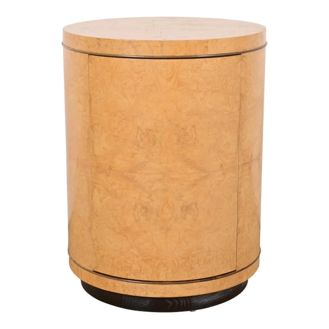 Milo Baughman Style Burl Wood Drum Side Table by Henredon For Sale