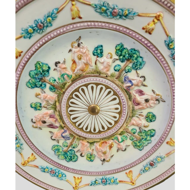Ceramic Large Vintage Capodimonte Italian Relief Charger Wall Plate Floral Garland Cherubs Marked For Sale - Image 7 of 11