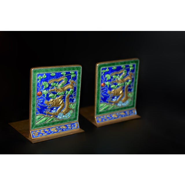 Mid 20th Century Pair 20th Century Chinese Enamel Dragon Bookends For Sale - Image 5 of 12