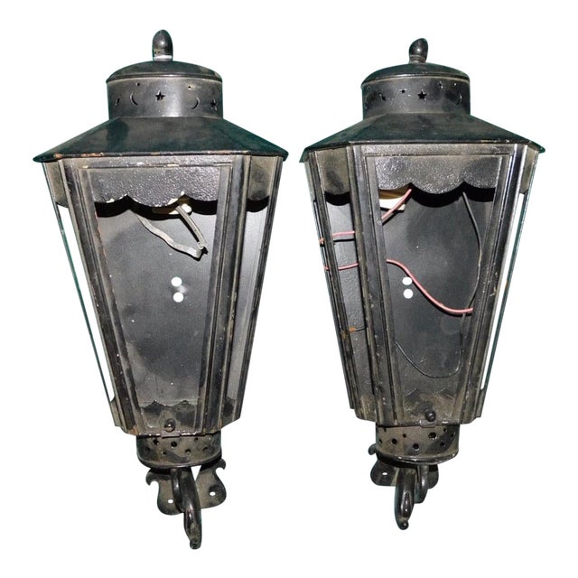 1940s Black Iron Lanterns - a Pair For Sale