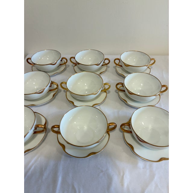 French Antique Haviland & Co. Limoges Gold Rim Bouillon Cups and Saucers, Set of 9 - 18 PCS For Sale - Image 3 of 13