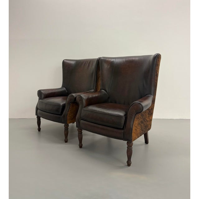 2000 - 2009 Vintage Bernhardt Leather and Cowhide Wingback Chairs - Pair For Sale - Image 5 of 8