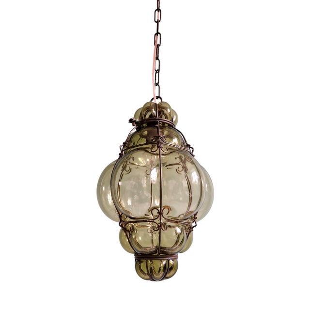 Venetian Pendant Light in Blown Glass and Forged Metal, Mid-20th Century For Sale