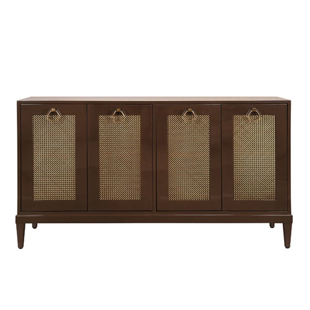 Matthew Izzo Home Marcella Glossy Chocolate Brown Four Door Buffet Cabinet With Brass Mesh Doors and Acrylic Door Pulls For Sale - Image 9 of 9