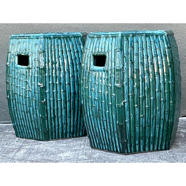 Late 20th Century Vintage Glazed Ceramic Bamboo Garden Stools - A Pair For Sale - Image 5 of 12