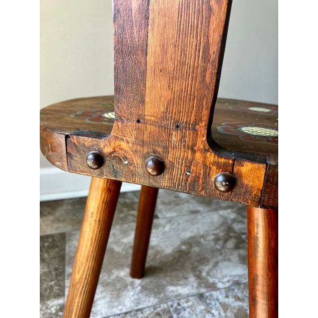 Vintage European Folk Art Hand-Painted Pine Stabelle Chair With Heart Cutout For Sale - Image 15 of 18