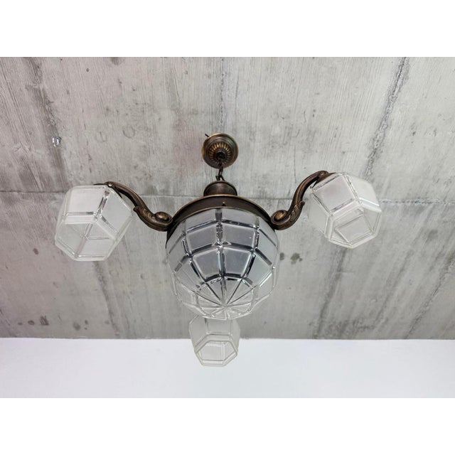 Vienna Secession Hanging Lamp in Brass and Glass, 1900 For Sale - Image 3 of 11