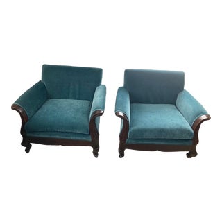 Antique Club Chairs in Peacock Velvet For Sale