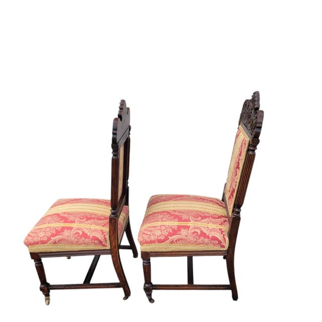 Pair 19th Century Victorian Oak Chairs Carved Back Red Gold Upholstery Dining Hall For Sale - Image 9 of 15