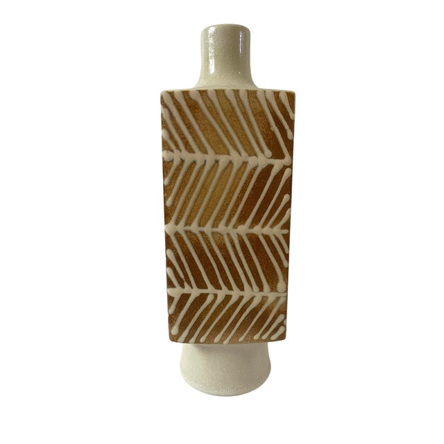 Japanese Rare Mogi Nagoya Japanese MCM Geometric Vase Tan and White For Sale - Image 3 of 6