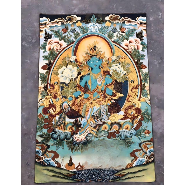 Chinese Xizang Embroidery and Brocade Thangka Buddha Painting - Wrathful Deity Protector Wall Art - Hand Painted Buddhist Sacred Scroll Mid 20th Century For Sale - Image 3 of 7