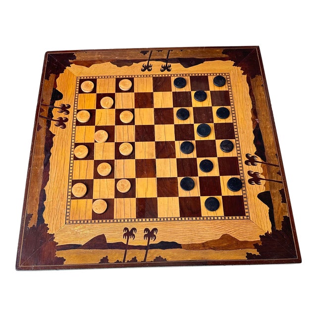 Vintage Handmade Checker Board With Inlaid Palm Trees For Sale
