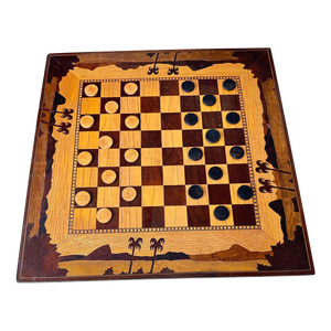 Vintage Handmade Checker Board With Inlaid Palm Trees