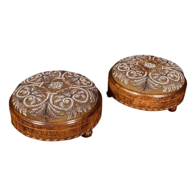 Pair of English Walnut Beaded Footstools,c1840 For Sale