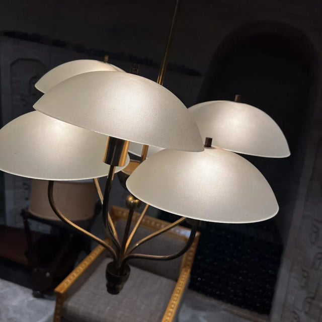 Luigi Brusotti Mid-Century Italian Chandelier Brass Art Glass Florence Italy Luigi Brusotti For Sale - Image 4 of 13