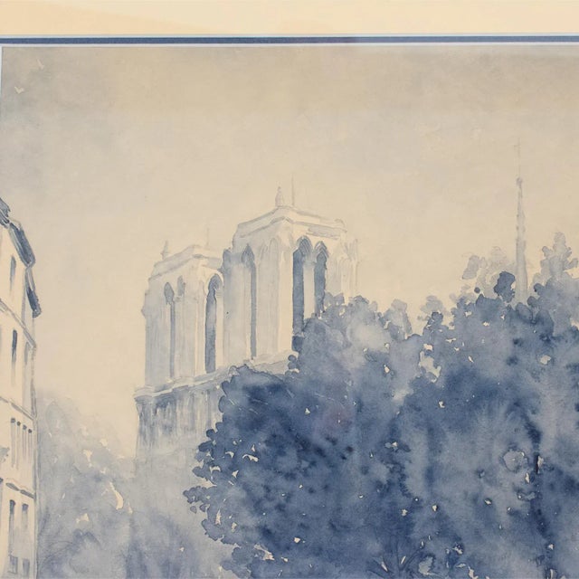 Wood Notre Dame De Paris Cathedral Blue Watercolor Painting by M. Godier For Sale - Image 7 of 13