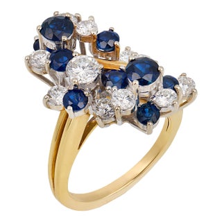 Vintage Diamond Sapphire 18k Gold Two Tone Cocktail Ring, Size 5.5 For Sale