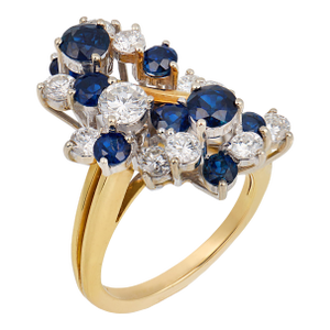 Vintage Diamond Sapphire 18k Gold Two Tone Cocktail Ring, Size 5.5