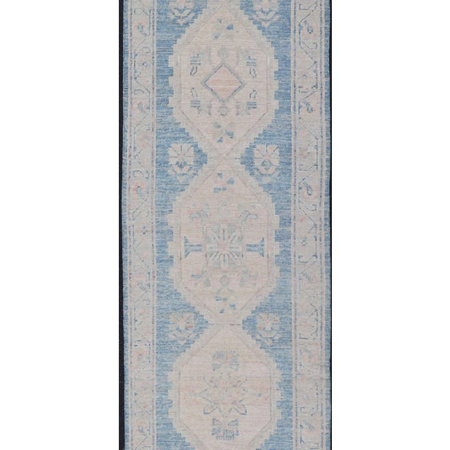 Textile Oushak Modern Runner With Medallion Design in Shades of Blue and Cream For Sale - Image 7 of 9