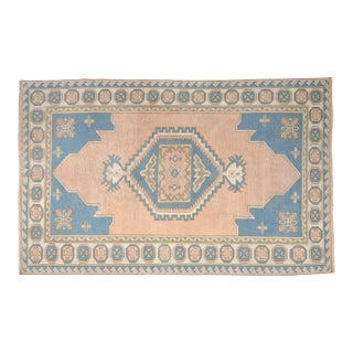 Mid 20th Century Soft Peach, Denim Blue, and Cream Medallion Area Rug For Sale