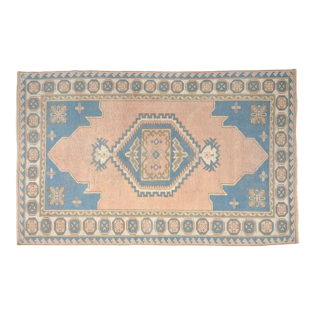 Mid 20th Century Soft Peach, Denim Blue, and Cream Medallion Area Rug For Sale