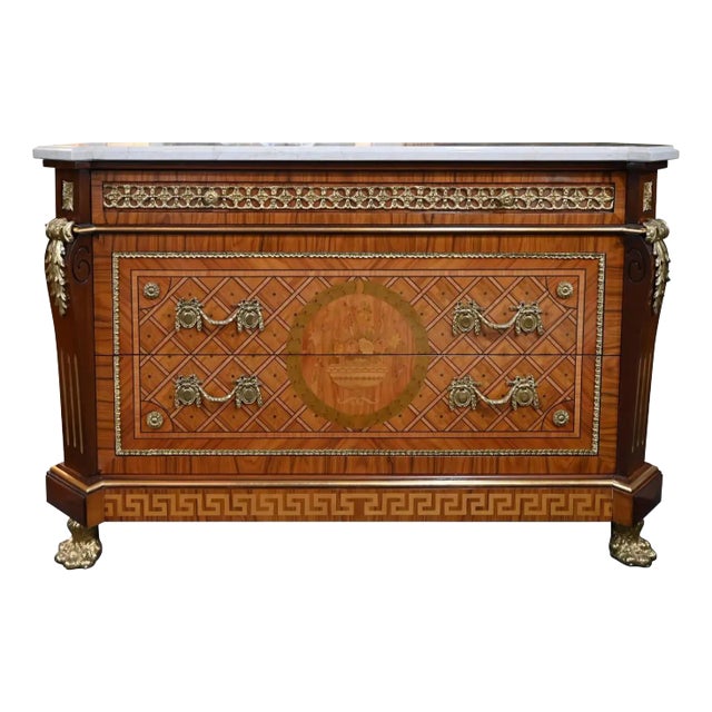 Louis XVI Style Ormolu Mounted Commode With Italian White Marble Top For Sale