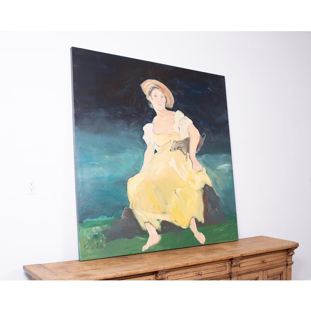 French Provincial Ira Yeager 20th C. Woman in Yellow Oil Canvas Painting 5.5 Ft For Sale - Image 3 of 18