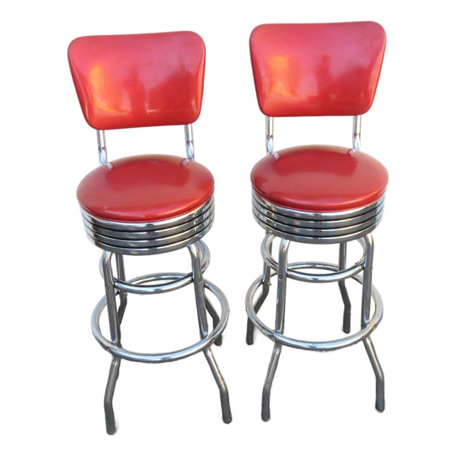 Retro Mid Century Modern Swivel Red Vinyl and Chrome Barstools 6350 For Sale