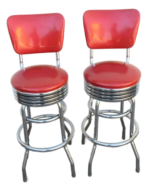 Retro Mid Century Modern Swivel Red Vinyl and Chrome Barstools 6350