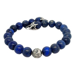 1990s David Yurman Lapis Lazuli Carved Beads Bracelet 8.5" 8 Mm Silver Estate For Sale