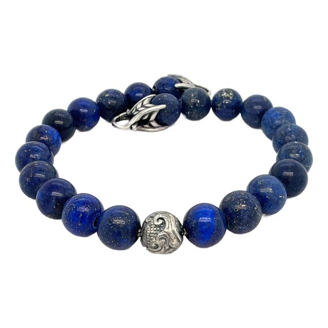 1990s David Yurman Lapis Lazuli Carved Beads Bracelet 8.5" 8 Mm Silver Estate For Sale