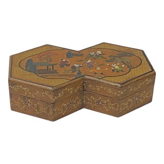 Chinese Distressed Brown People Graphic Rectangular Decagon Shape Box For Sale
