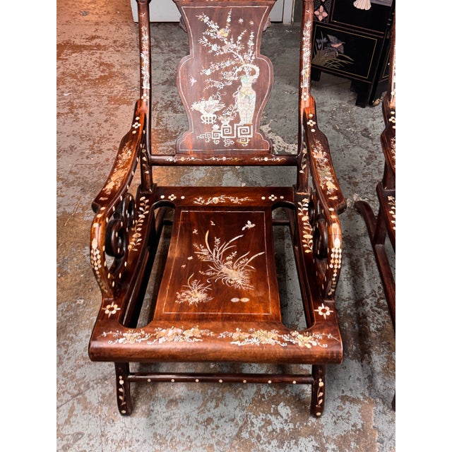 Vintage Chinoiserie Mother-of-Pearl Moon Gazing Recliner Chairs, Pair For Sale - Image 9 of 12