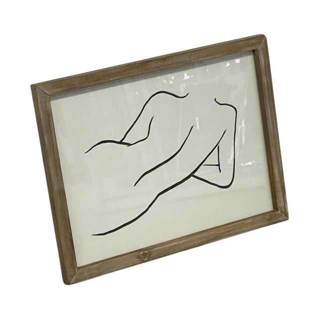 Contemporary minimalist figurative artwork depicting a reclining nude figure rendered in black contour lines against a...