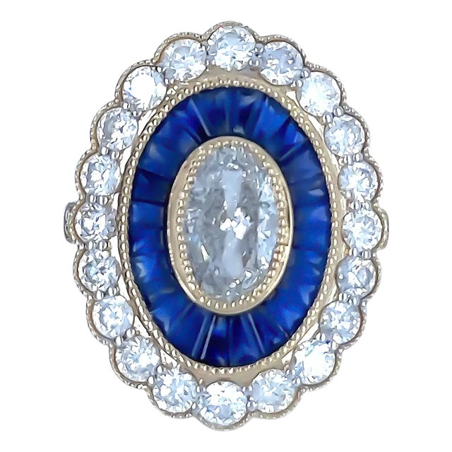 14ct Yellow Gold Sapphire & Diamond "Art-Deco" Ring 3.52ct For Sale