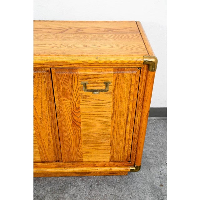 Mid Century Modern Credenza Dresser Cabinet Solid Oak 3 Drawer Wood Brass Trim For Sale - Image 10 of 12