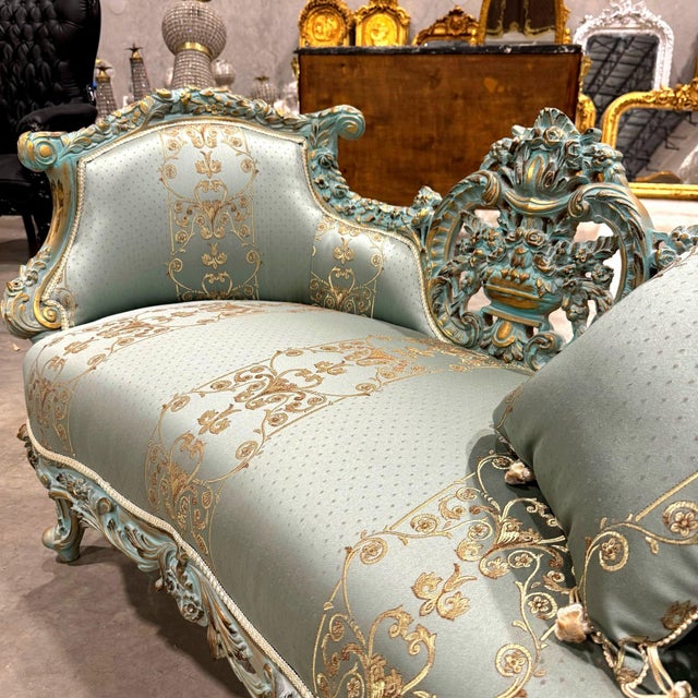 Sky Blue French Style Sky Blue Small Settee For Sale - Image 8 of 12