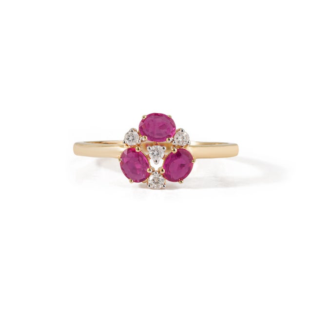 VR Jewels 14k Gold Natural Ruby Diamond Floral Cluster Proposal Ring Size 9 For Sale - Image 4 of 18