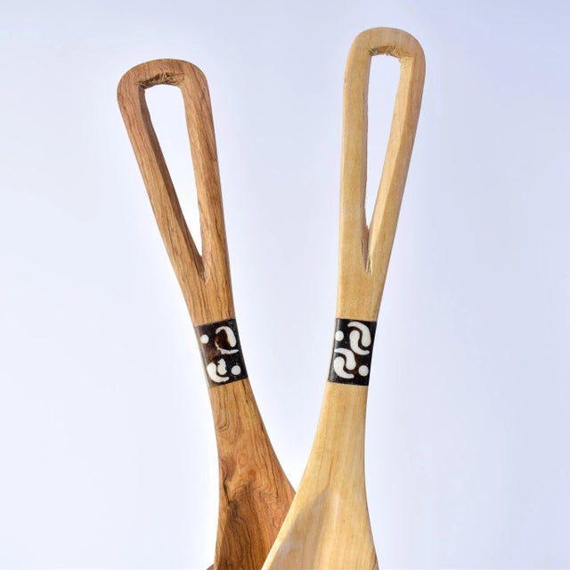Early 21st Century Olivewood Serving Spoon Set With Bone Inlay Kenya For Sale - Image 9 of 12