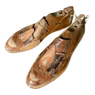 Pair of 1920s Wood Shoe Mold From Wtih Applied Leather For Sale