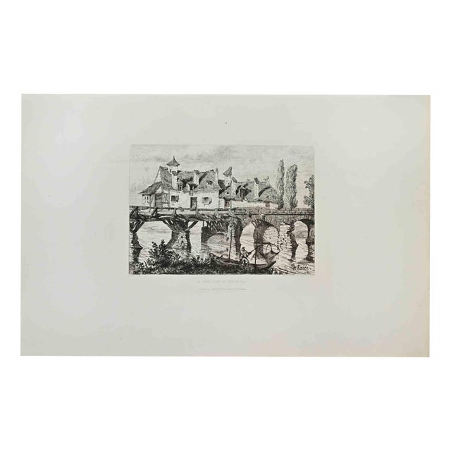 Alfred Taiée, Le Vieux Pont de Vernon (Eure), Etching, 1875 For Sale