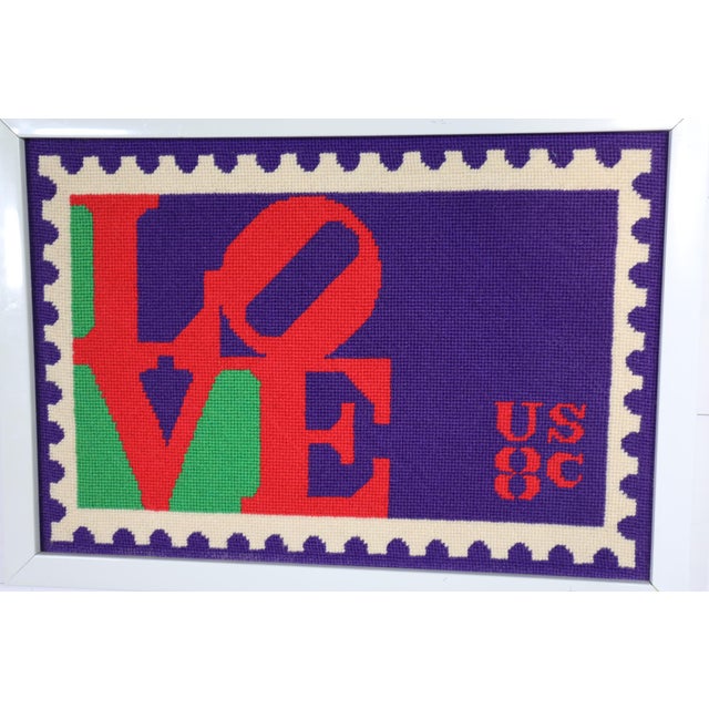 Wood Vintage Love Stamp by Robert Indiana Needlepoint Framed Wall Hanging Pop Art Retro 60's 70's For Sale - Image 7 of 7
