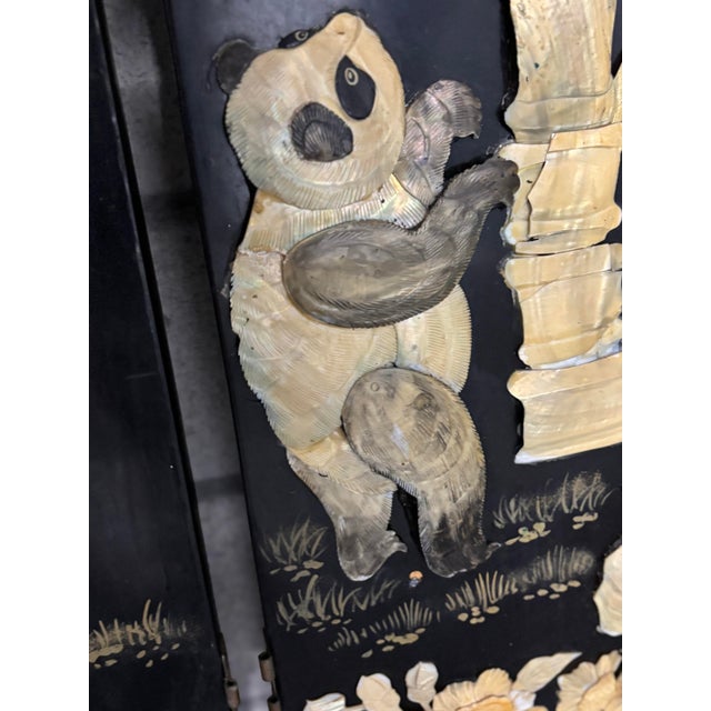 Mid-Century Modern Early 19th Century Large 4 Panel, Room Divider/ Work of Art. Carved Mother-of-Pearl on Ebony Enamel Wood Depicting Family of Pandas. For Sale - Image 3 of 9