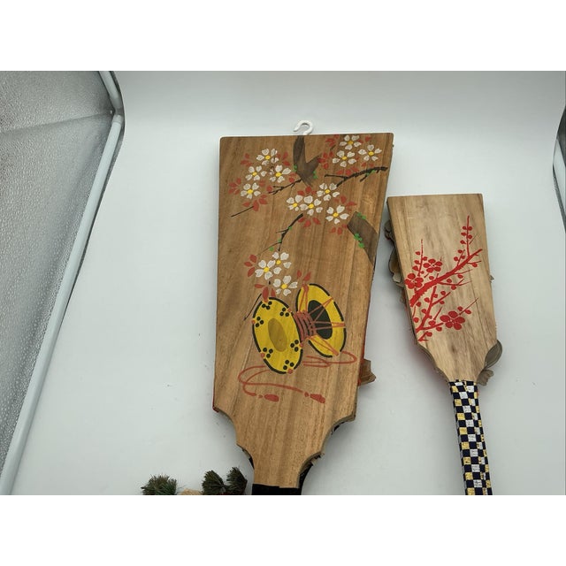 Vintage Japanese Hagoita Paddle Set 24” & 14.5” Kabuki Geisha Textile Hanetsuki For Sale - Image 6 of 6